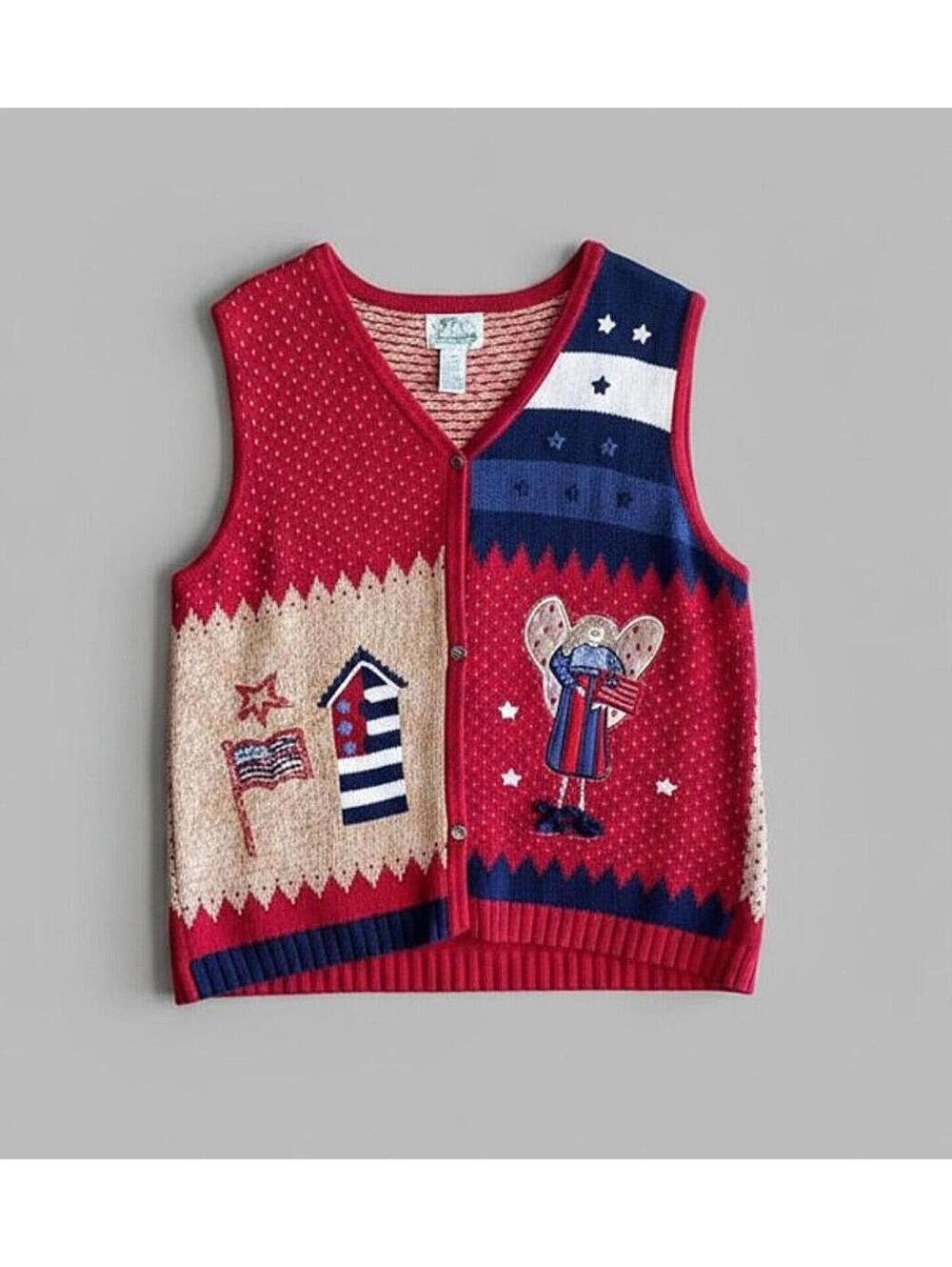 Vintage Quacker Factory Patriotic Sweater Vest Sz 1X 4th of July Button Up Knit